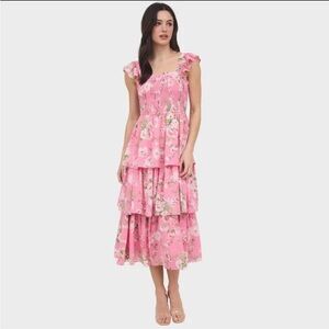 Blu Pepper Pink Smocked Floral Tiered Midi Dress Size S NWOT